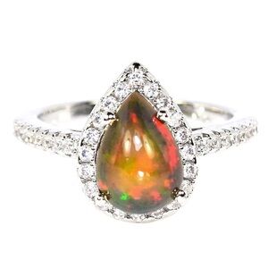 Stunning Rainbow Black Opal Teardrop w/ Halo in 925 Sterling Silver Ring 6.25